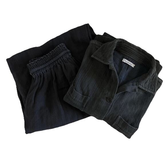 NYMANE 2 Piece Set Susie Work Shirt & Wide Leg Pants In Black Cotton Drawstring - Picture 1 of 15